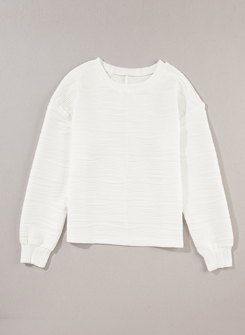 White Wavy Texture Drop Shoulder Long Sleeve Top