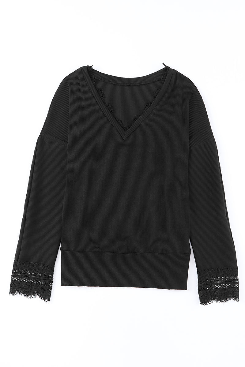 Black Ribbed Texture Lace Trim V Neck Long Sleeve Top