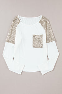 White Sequin Patch Chest Pocket Raglan Sleeve Top