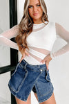 White Mesh Splicing Back Cutout Long Sleeve Bodysuit