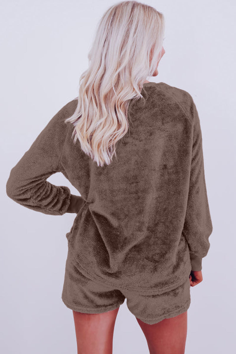 Coffee Solid Loose Fit Two Piece Fleece Lounge Set