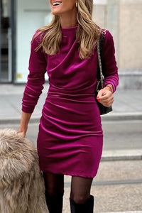 Pitaya Pink Velvet Mock Neck Ruched Long Sleeve Bodycon Dress