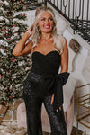 Black Sequined Tube Top Waist Knot Wide Leg Jumpsuit