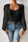 Black Frenchy Contrast Lace Bishop Sleeve Bodysuit