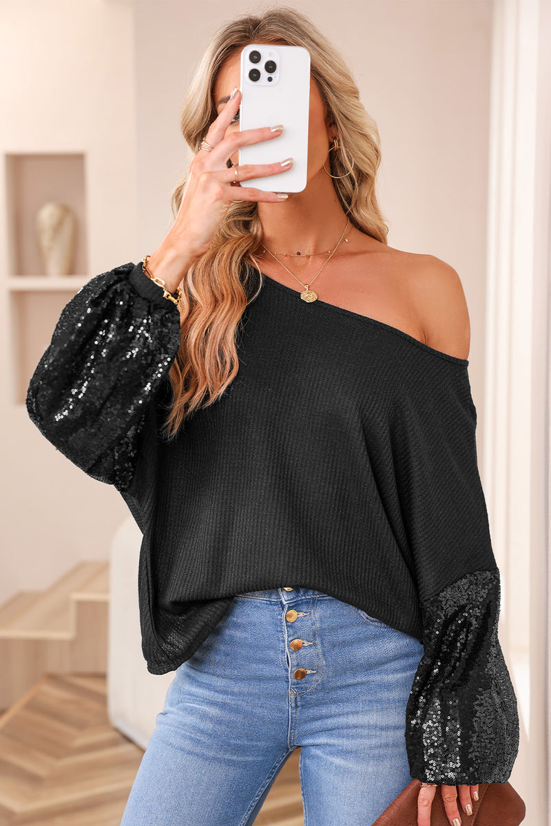 Black Sequin Patchwork Sleeve Open Back Waffle Knit Top