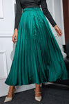 Blackish Green Satin Elastic Waist Pleated Maxi Skirt