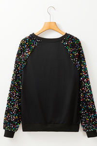 Black Sequin Raglan Sleeve Crewneck Pullover Sweatshirt