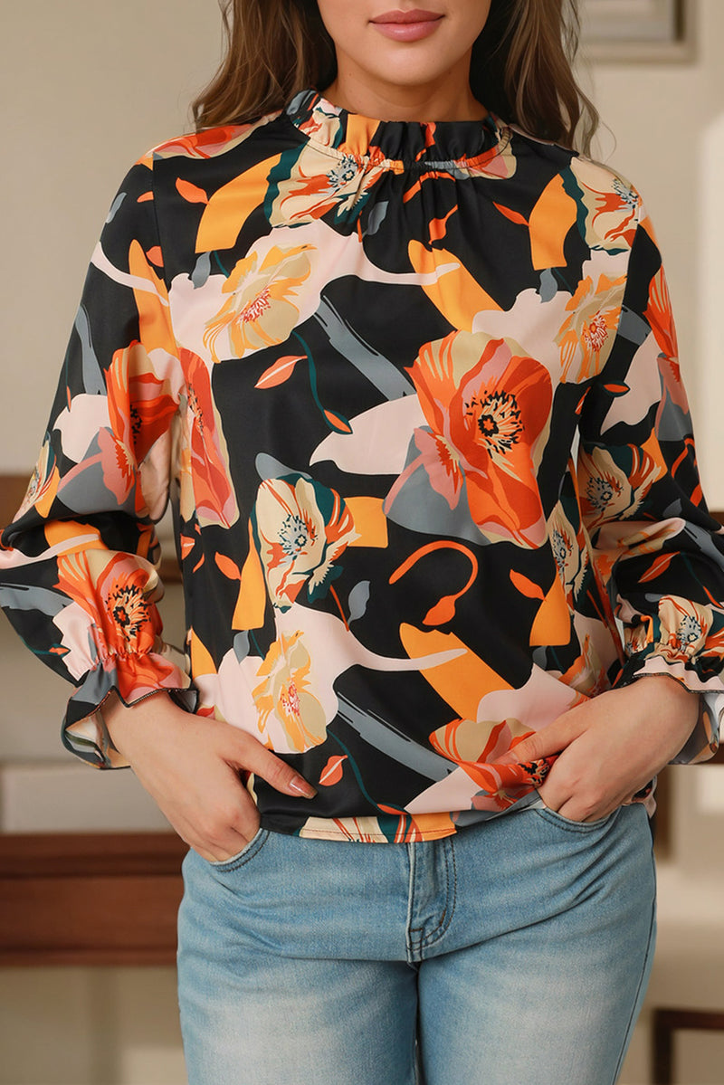 Black Floral Print Mock Neck Blouse