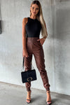 Brown Smocked High-Waist Leather Skinny Pants