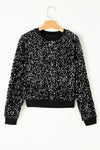 Black Sequined Long Sleeve Crew Neck Cropped Blouse