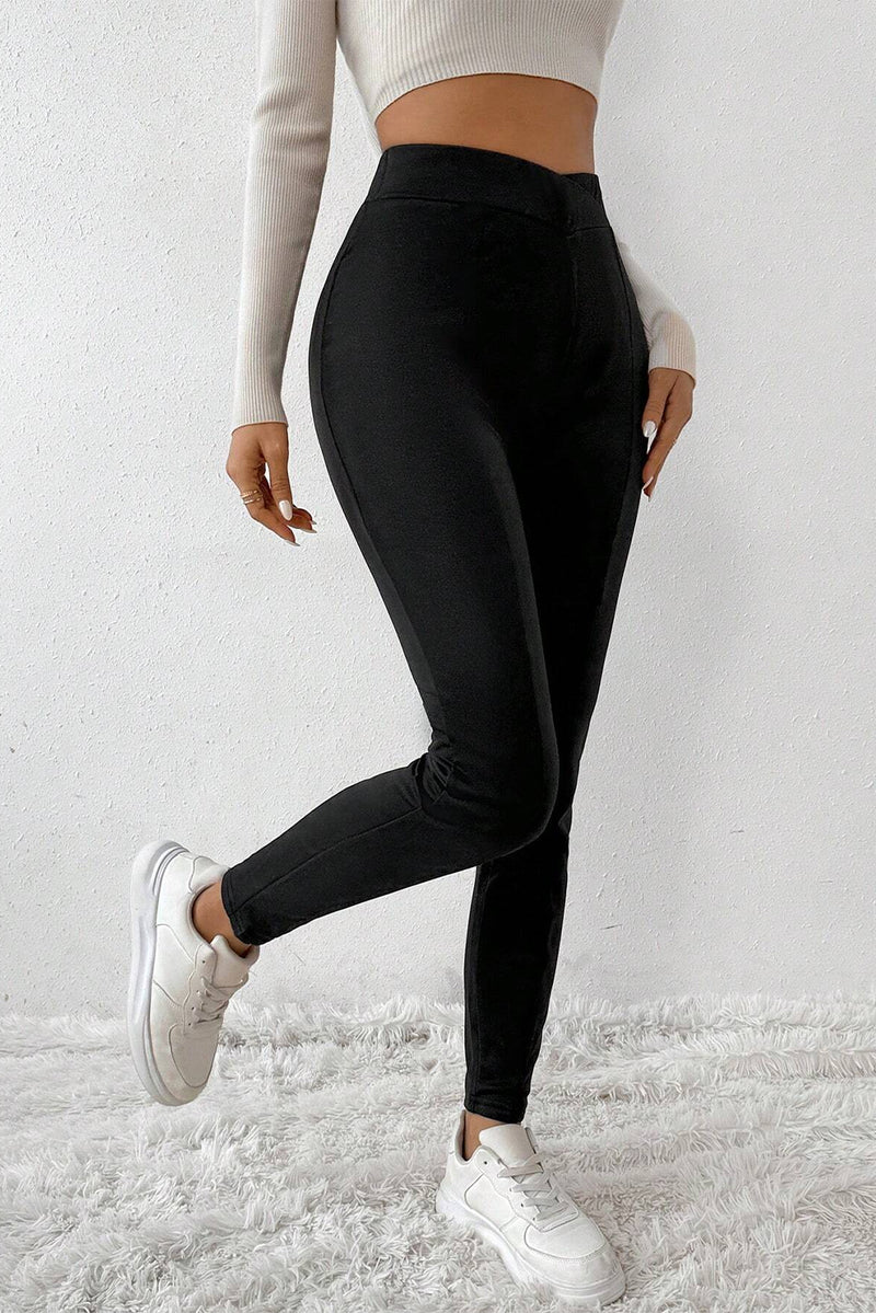 Black Crossed Waist Seamed Leg Thermal Leggings