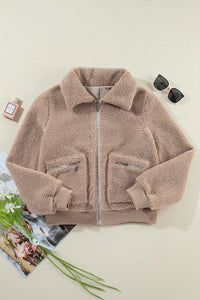 Light French Beige Zipper Pocketed Winter Fuzzy Jacket