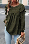 Blackish Green Lace Eyelet Ruffle Shoulder Long Sleeve Blouse