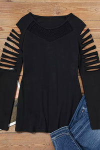 Black Mesh Patch Ripped Long Sleeve Top